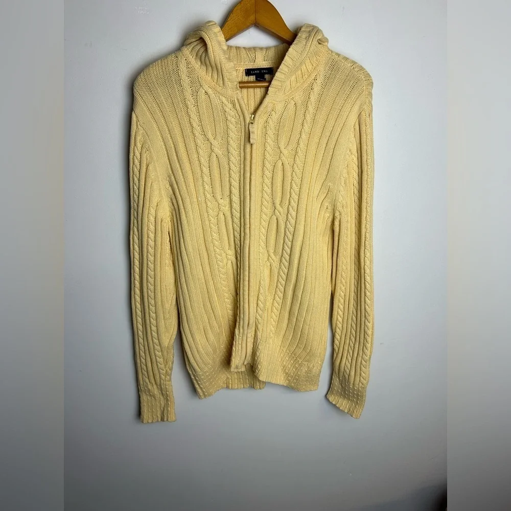 Lads end Cable knit Full Zip Hoodie Yellow Butter‎ Size L old Money Vintage
